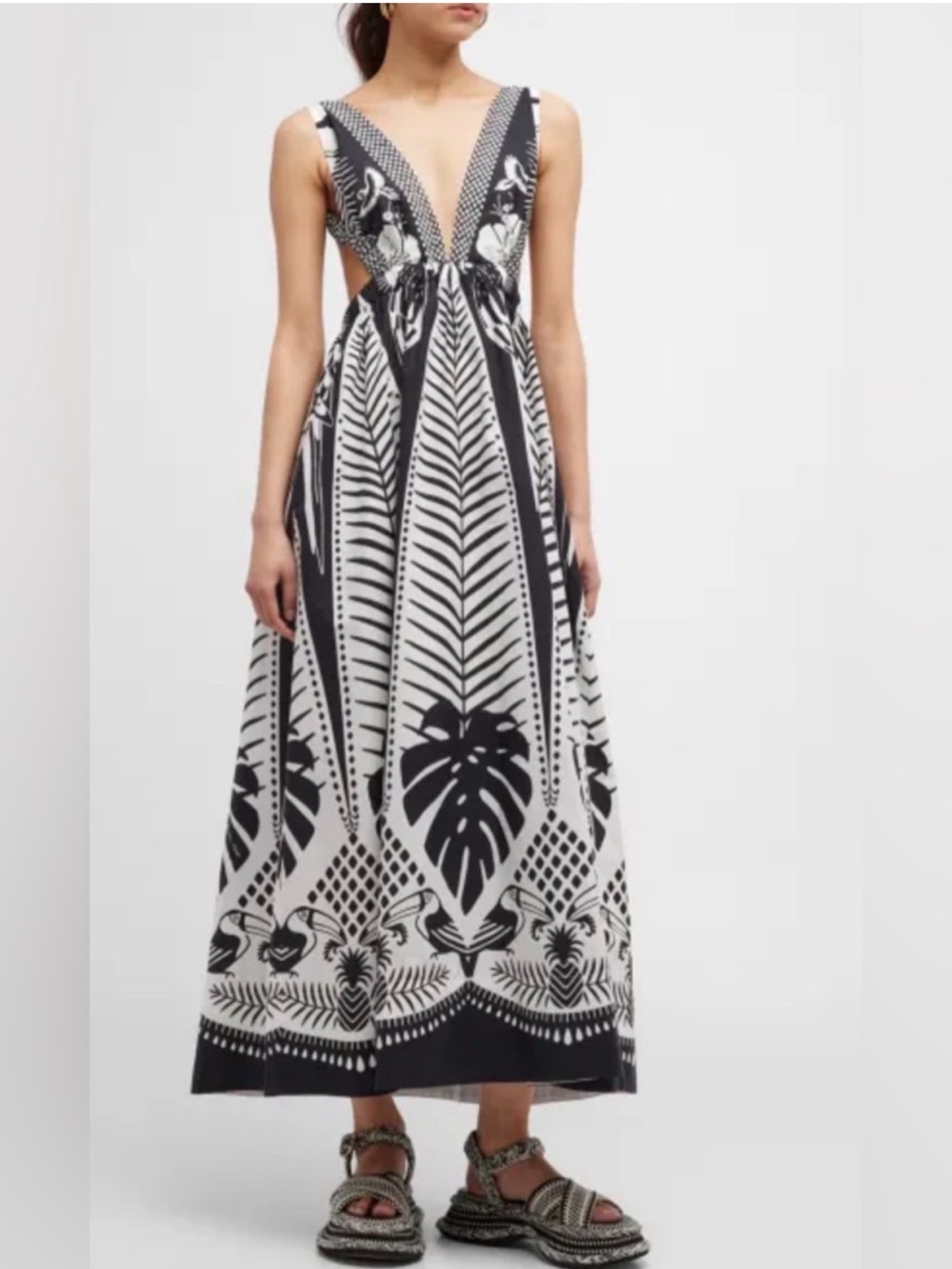 Farm Rio Macaw Elegance Black Cotton Maxi Dress